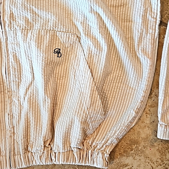 Babe Didrikson Seersucker Hooded Tan and White Striped Jacket - Picture 2 of 6